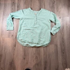Talbots Shirt Womens Large Green White Striped Linen Henley Tunic Top Woven
